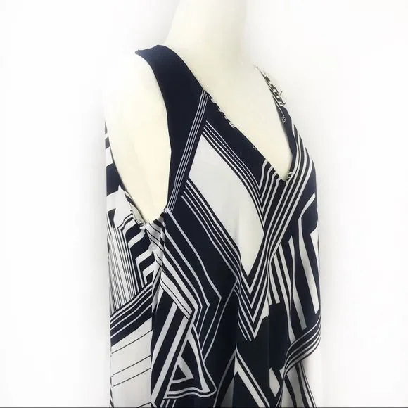 Geometric print v-neck cage back Deep V neck -long - Picture 2 of 8